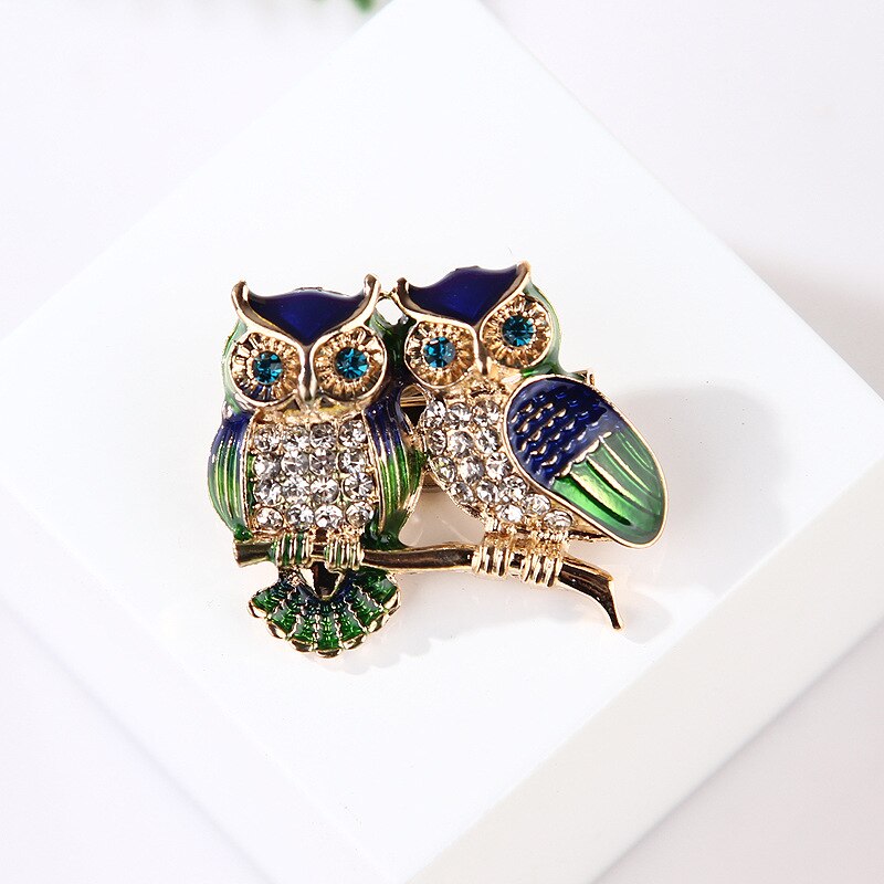 RHao Blauwe Ogen Emaille pins Rhinestone Paar Uil Broche animal broches voor Vrouwen Mannen Kleding Sjaal gesp kraag sieraden pins