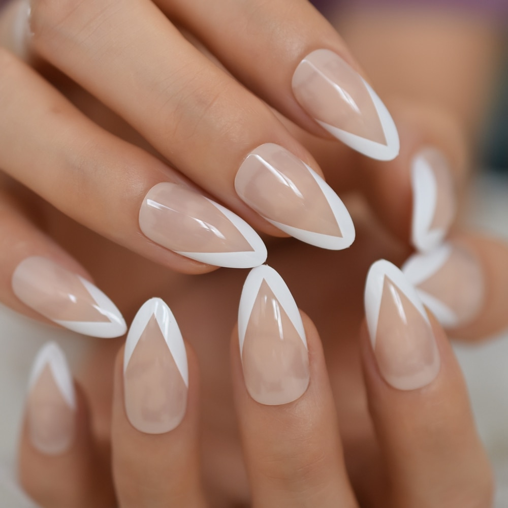 White V Shape French Nails Medium Stiletto Press On Nails Natural Color Predesigned Tips with Glue Sticker