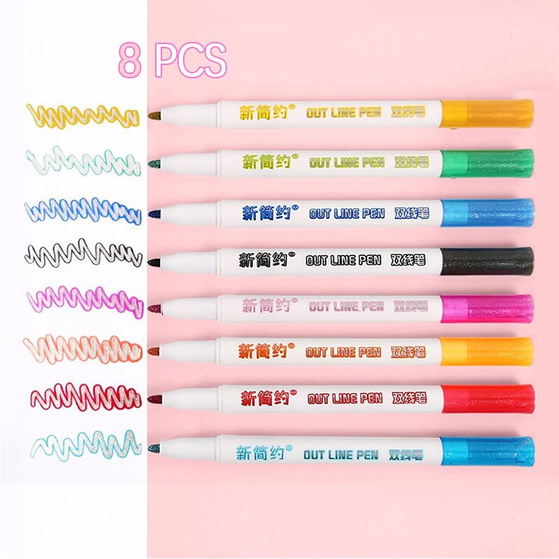 8 12pcs/set Double Lines Pen Contour Color Art Pen... – Vicedeal