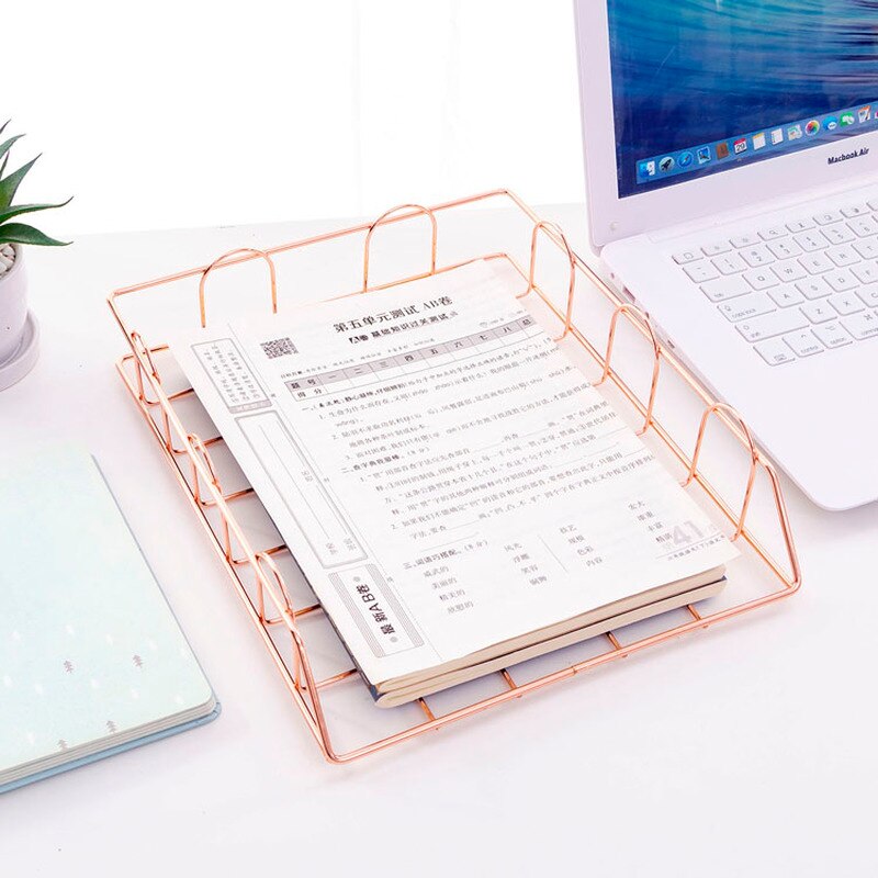 Rose Gold Wrought Iron Storag Rack Magazine Book Holder Stand Metal Baskets Office Desktop File Organizer Cosmetic Storage Box