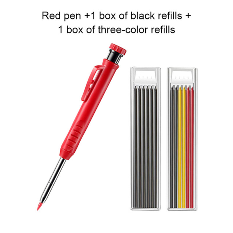 Solid Carpenter Pencil Set Built-in Sharpener with 6 Refill Leads Mechanical Pencil Marking Tool Kit for Woodworking Architect: Red