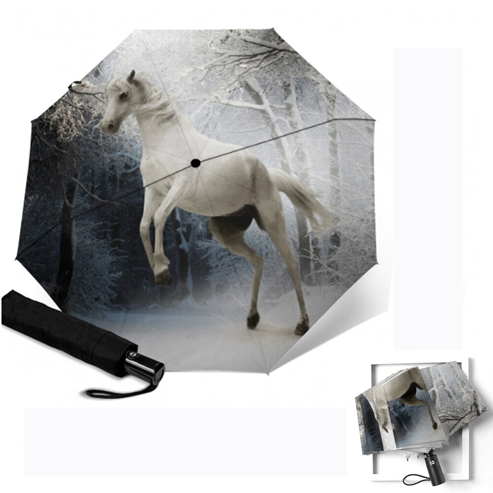 Anti uv drie opvouwbare witte paardenpatroon paraplu dieren schilderij pongee zonnige en regenachtige paraplu's mannen en vrouwen kunstparasol