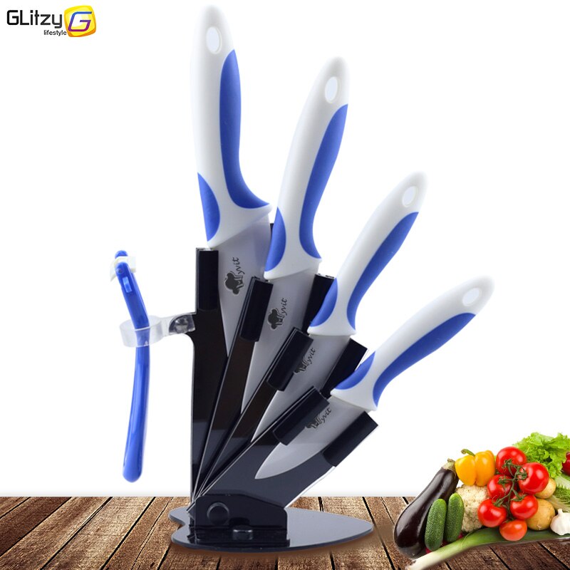 Keramik Messer Küche 3 4 5 6 Zoll Koch Utilityw Halfter Schäler Weiß Zirkonia Klinge Obst Gemüse Kochen Werkzeug 4 stück einstellen: Blau Weiß