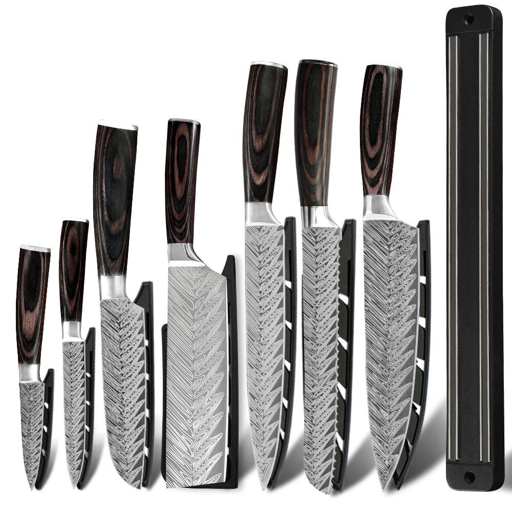 Sowoll 9PCS Kitchen Knives Set Stainless Steel Chef Slicing Bread Cleaver Santoku Utility Paring Knife Wall Knife Storage Tools