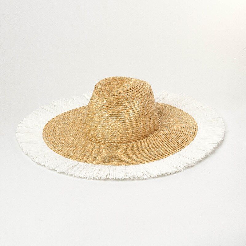 Klassisk frynset hvede stråhat bred rand hat hat strand hat kvinder solhat udendørs sommer kanucky derby hat: Med hvide frynser