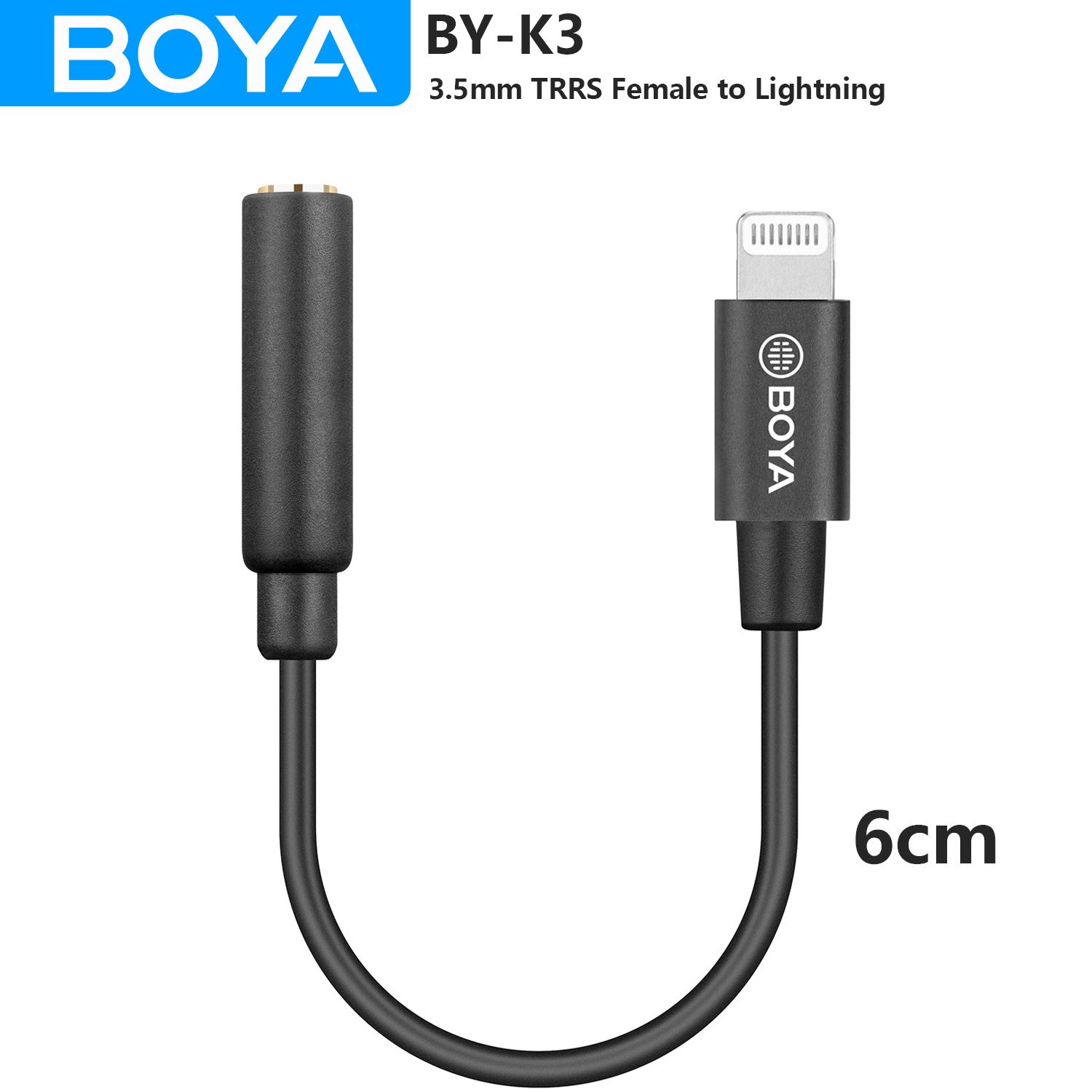 Boya BY-K3 microfone adaptador de áudio cabo 3.5mm trrs fêmea para mfi certificado relâmpago para iphone ipad ipod touch ios dispositivos
