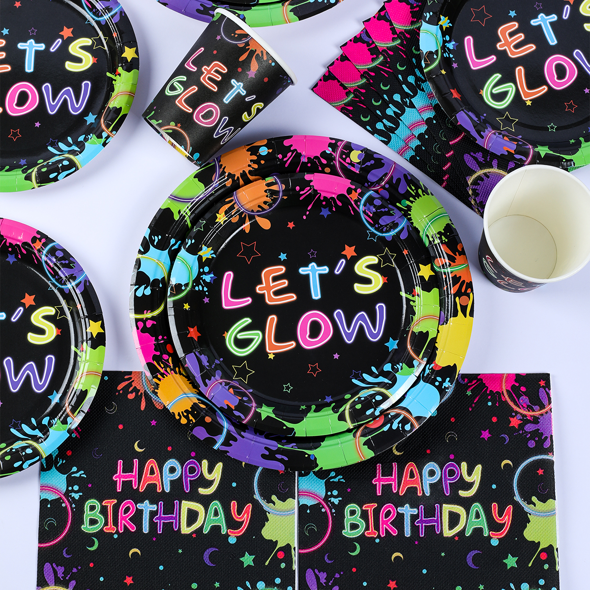 Fluorescent Theme Birthday Disposable Tableware Happy Birthday Party Decoration Paper Plates Napkins Kids Baby Shower Suppies