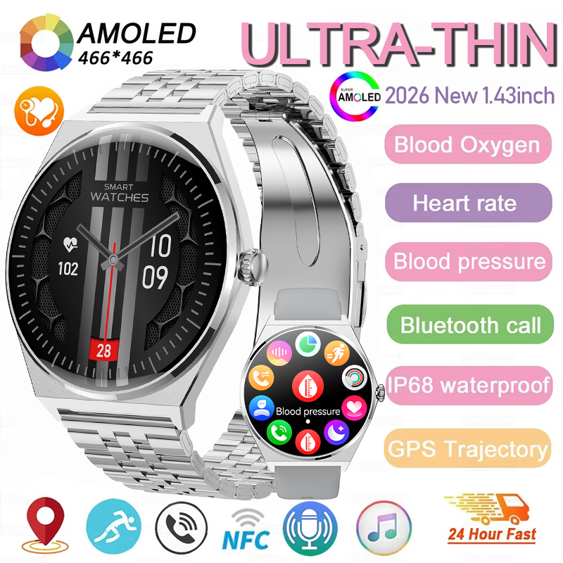 2026 Ultra Sottile Astuto Della Vigilanza Degli Uomini AMOLED 466*466 HD Pixel Display Always Show Time Bluetooth Chiamata di Promemoria Smartwatch Impermeabile