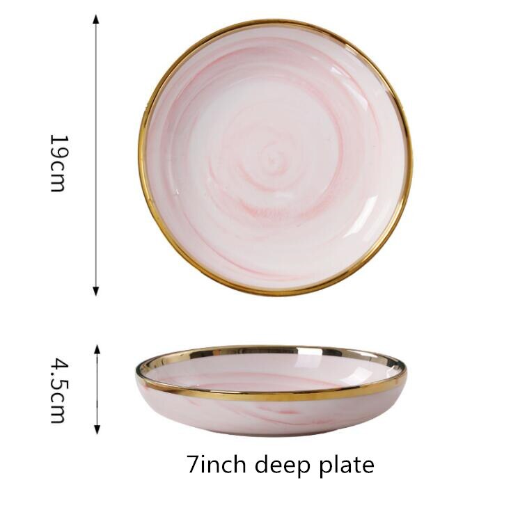 Double-sided Gilt Rim Pink Marble Pattern Porcelain Dinner Plate Salad Noodles Bowl Spoon Ceramic Kitchen Tableware 1Pcs: 7inch deep plate