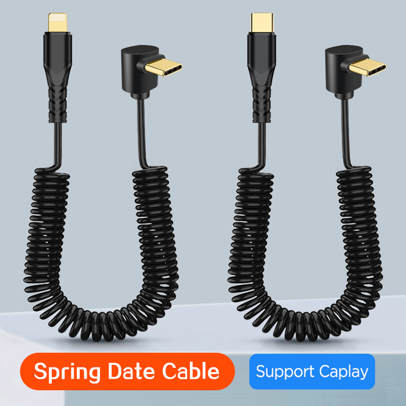 90 Degree Right Angle USB C Male to USB C Male Coiled Cable Type-C 60W Fast Charging and Data Transfer Spring Date Cable
