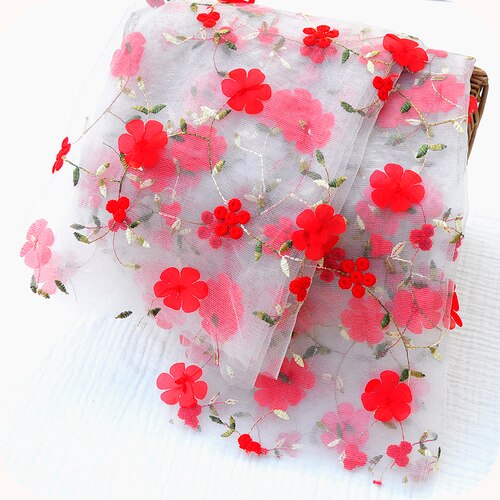 1 metro, 5 colores, bordado de chifón 3D, vestido de tela de encaje, cortina, hecho a mano, accesorios DIY: Rojo