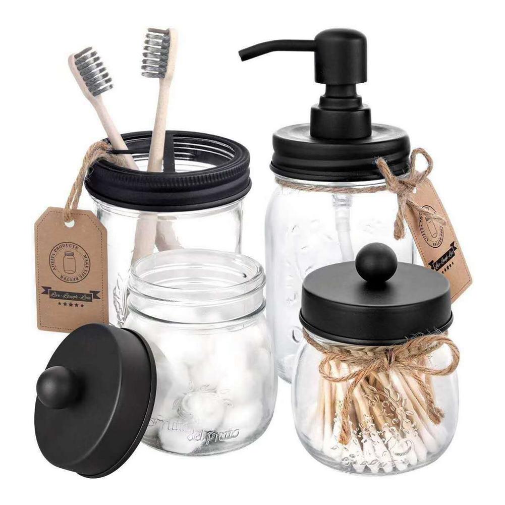 Mason Jar Soap Dispenser Holder Three Large Compartments Luxurious Bathroom Accessories Set For Toothbrushes Toothpaste Tubes: Black