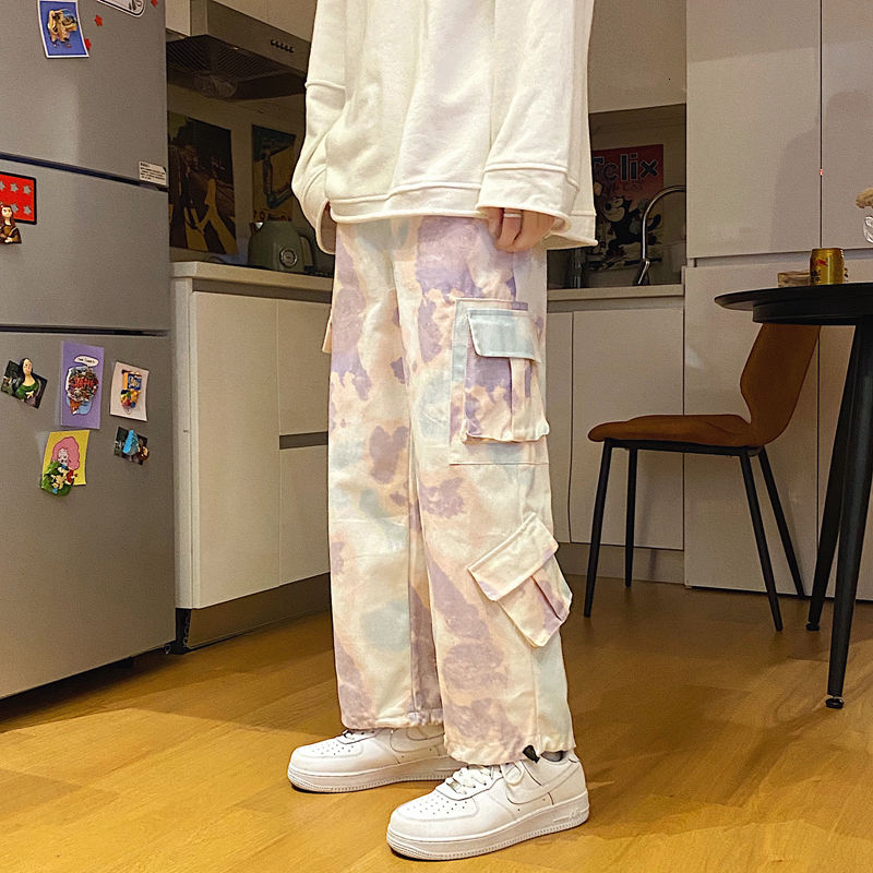 Pantalones Tie-dye con bolsillos para hombre, Pantalón Cargo, informal, holgado, coreano, Hip-hop, recto ancho, pantalón para hombre