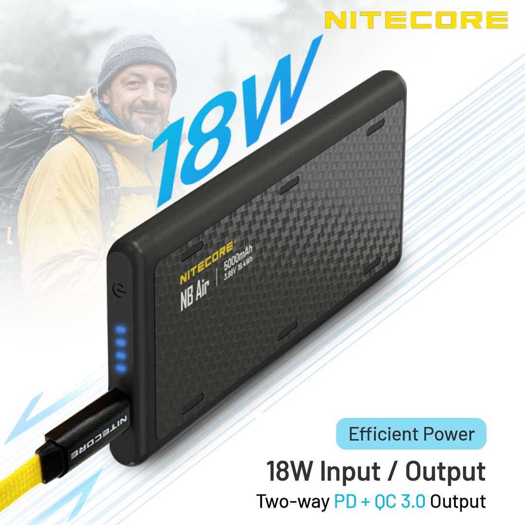 NITECORE 5000mAh NB Air Mobile Power Bank 18W USB-C Output Fast Charge PD QC3.0 only 89g