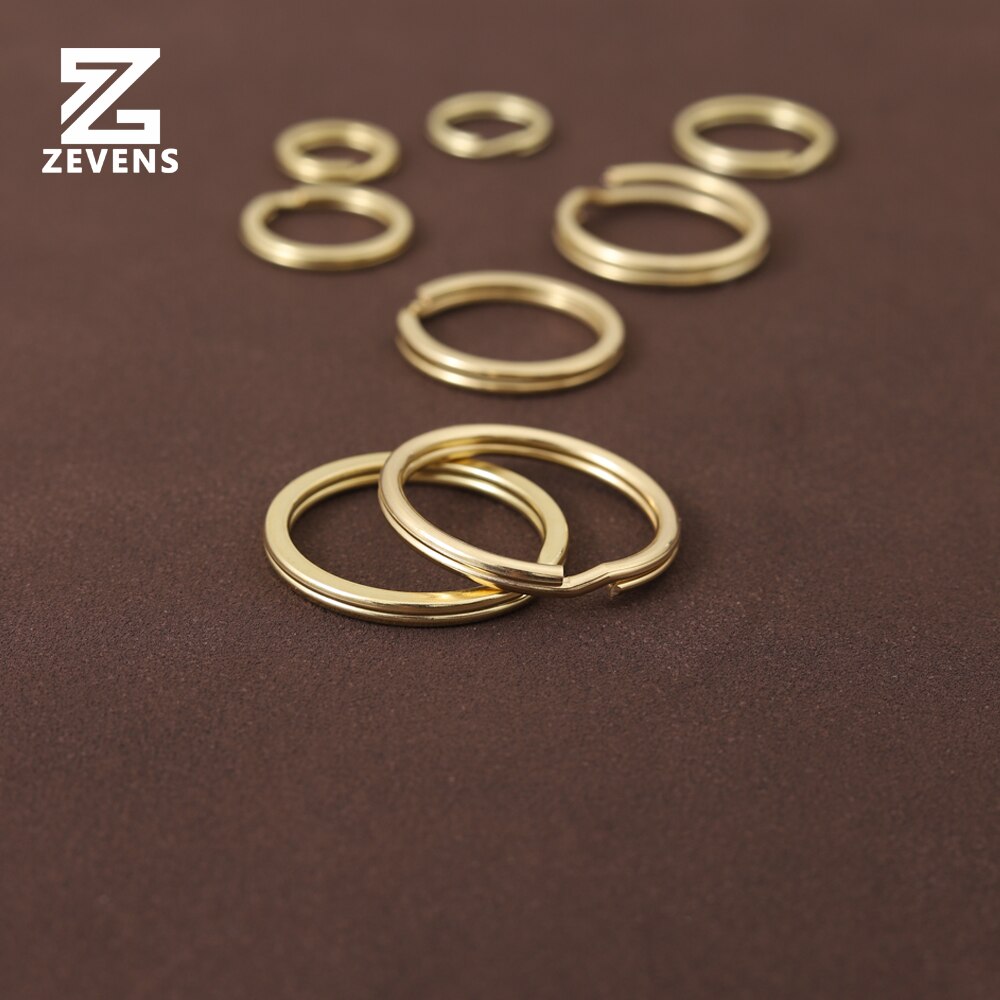 ZEVENS 10 pcs Solid Brass Key Ring Round Flat Style 15-30mm Double Loop Round Ring For Leather Craft DIY Handware