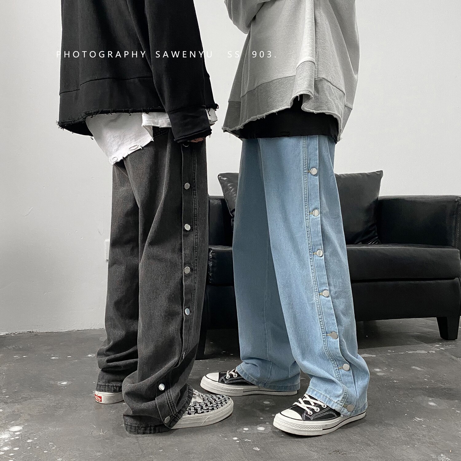 Doble botón en el lateral vaqueros ropa de calle de para hombre Casual pantalones de Hip Hop de pierna amplia Harajuku pantalones de carga