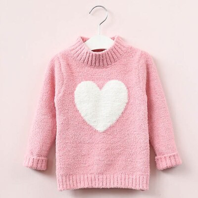 Baby gebreide trui meisje winter en herfst lange mouw warme halfhoge kraag schattige hartjes trui meisjes 3-7y: Roze / 5