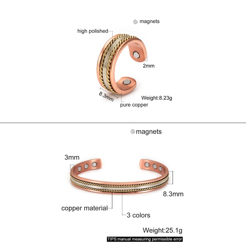 Sieraden-Set Magnetische Koperen Armband Ring Healing Energie Sieraden Sets Voor Vrouwen Rose Goud Verstelbare Manchet Ring Armbanden Armbanden