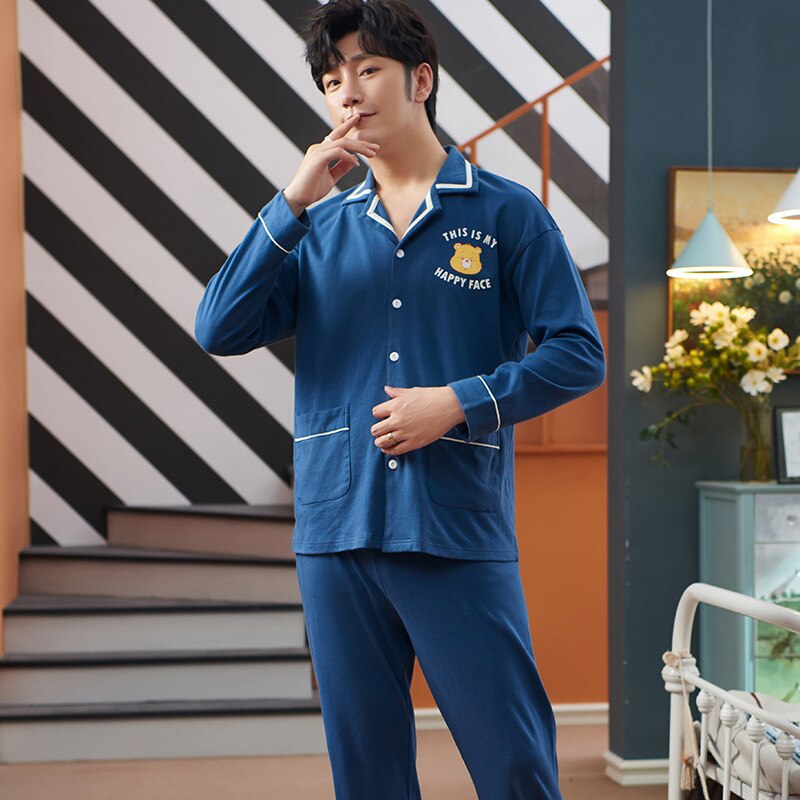 MELIFLE automne tout coton hommes vêtements de nuit col rabattu ample solide à manches longues pyjamas ensemble loisirs Masculino nuisette: 3 / L