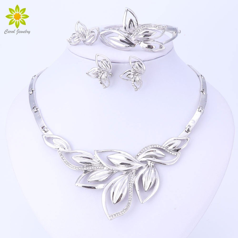Neueste Neue Afrikanischen Kostüm Schmuck setzt Silber Überzogene Blätter bilden Halskette einstellen Hochzeit Elegante Kostüm Schmuck-einstellen