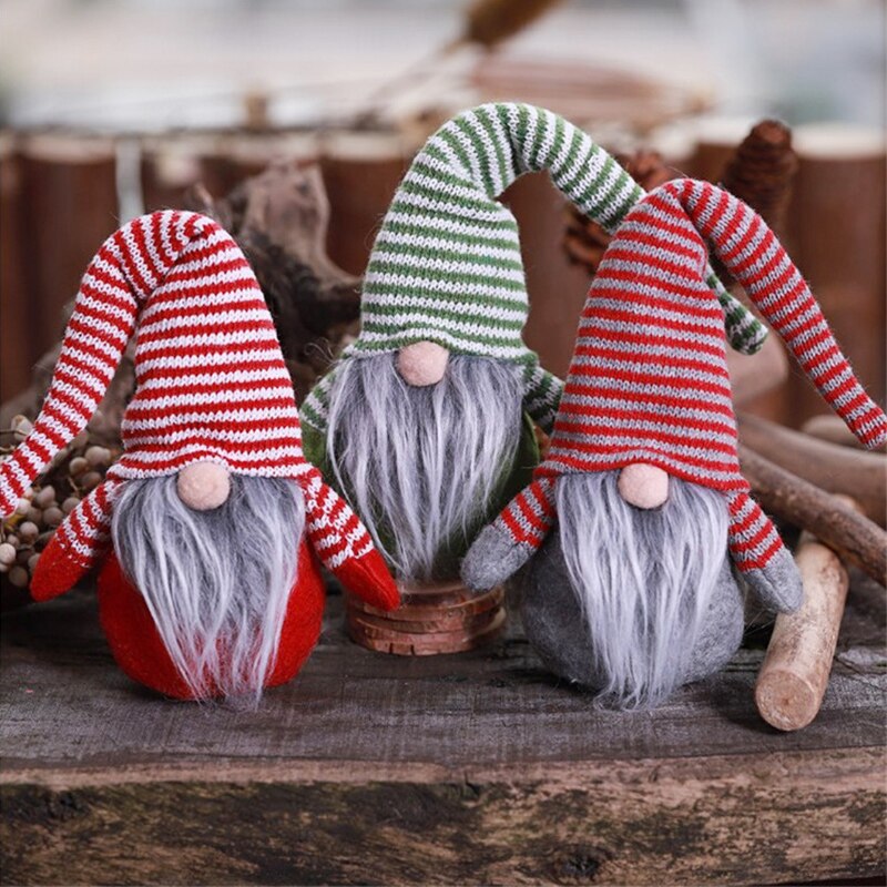 Sød ornament ansigtsløs dukke med langt skæg stribet hat julenissen ornament legetøj til festdekorationer nsv 775