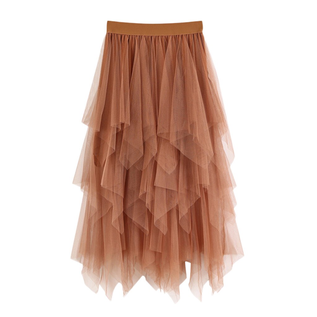 Women irregular Tulle Skirts Elastic High Waist Mesh Tutu Skirt Pleated Long Skirts Midi Skirt Saias Faldas Jupe Femmle*: D