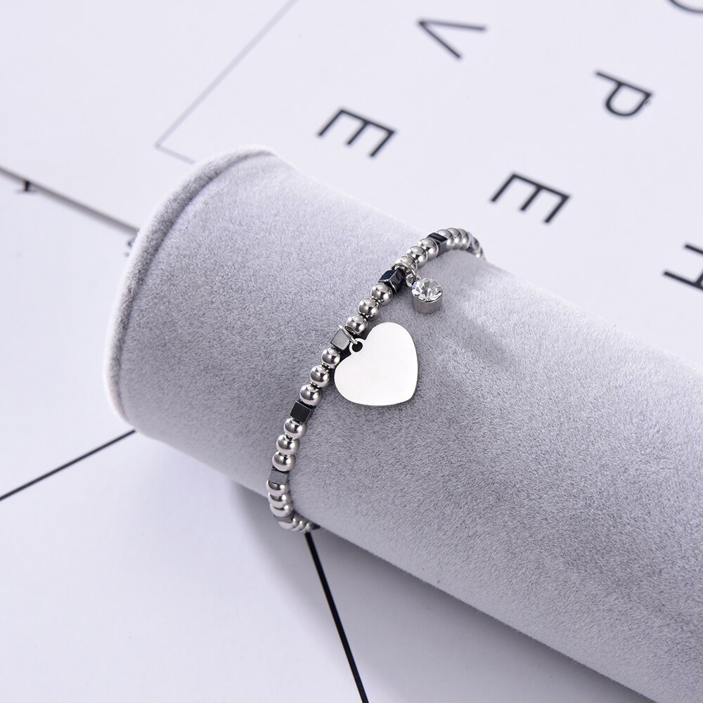 Pulsera colgante de corazón de acero inoxidable para mujer, pulsera brillante con cuentas de cristal CZ, pulseras para mujer, ,