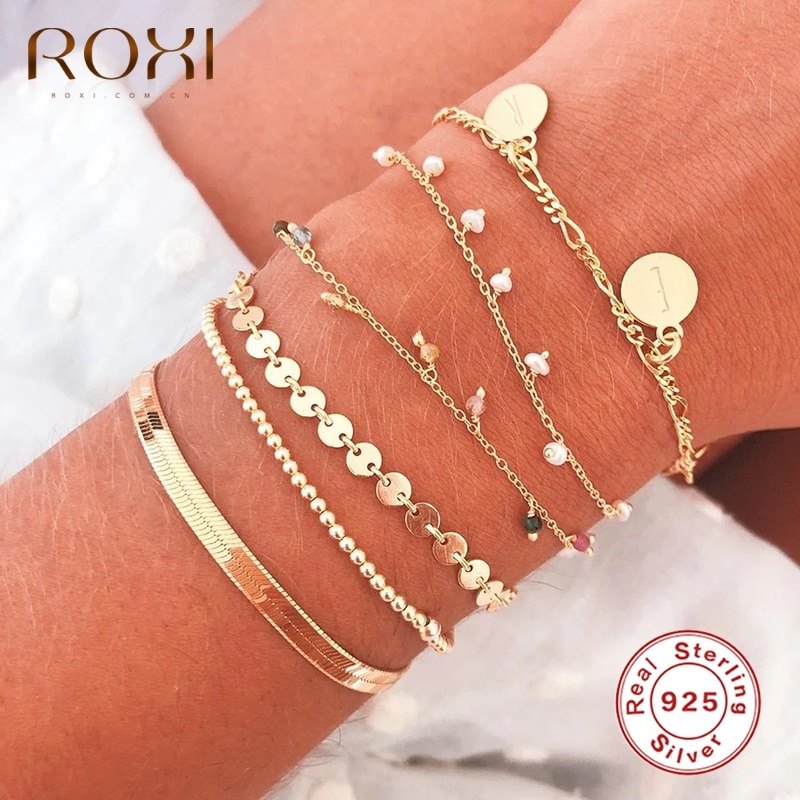 ROXI minimalisme petite gaufrette lien chaîne Bracelet pour femmes argent/or Bracelets 925 en argent Sterling Bracelet bijoux Bransoletka