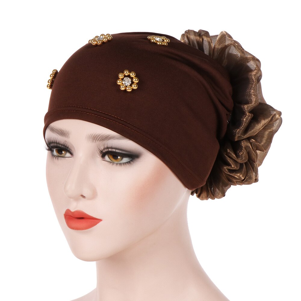 Braid Faux Pearl Muslim Women Turban Hat Solid Color Cap Hijab Headwrap: Brown