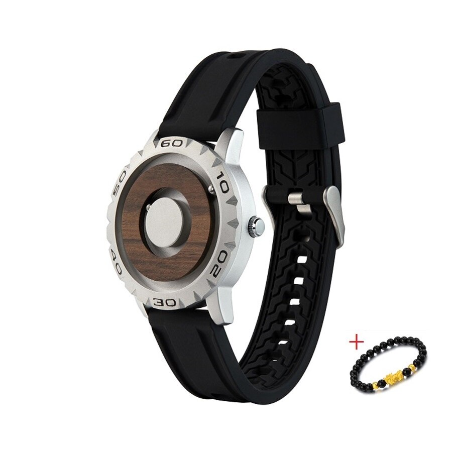 Houten Magnetische Bal Quartz Heren Horloge Eutour Heren Horloge Siliconen Band Horloge Mannen Waterdichte Sport Horloges: Silver