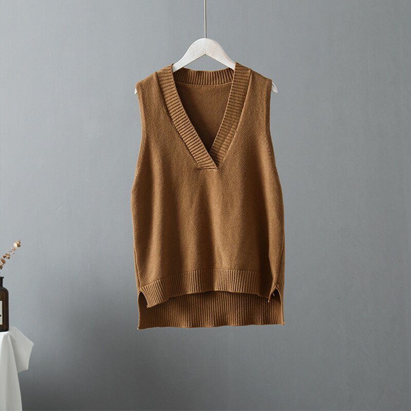Maglione casuale primavera autunno donna gilet maglione di lana spessa e grezza maglia maglione fuori misura canotta femminile senza maniche grande superiore donna: Cachi