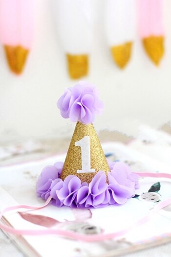 Meisje Bloem Tuin Shabby Chic Verjaardag Hoed Roze Lavendel Gouden Bloem Party Hoed Hoofdband 1st 2nd 3rd Pasgeboren Glitter party Cap: Lavender 1 one piece