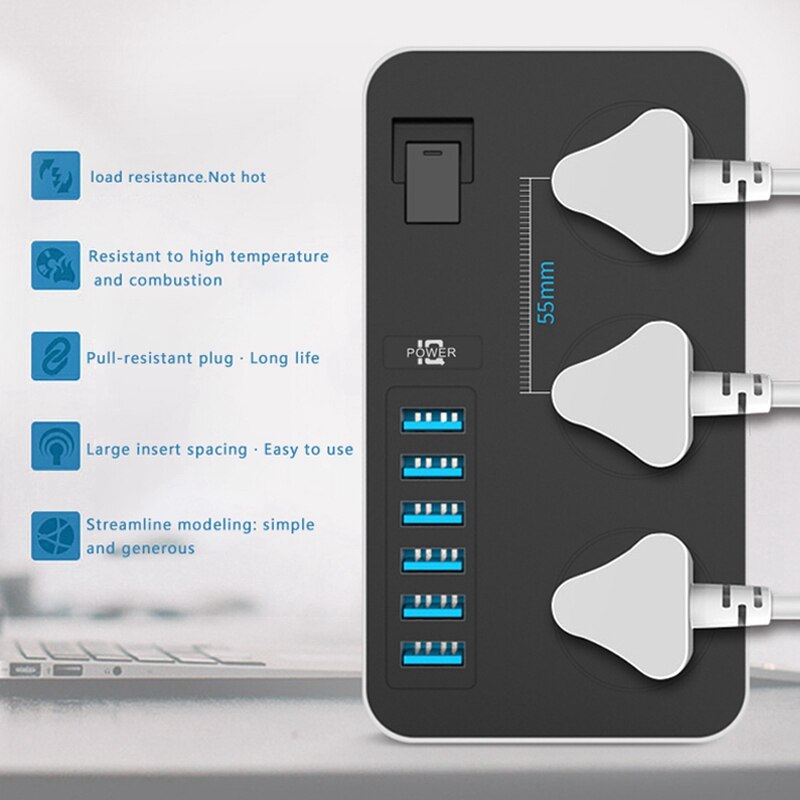 Power Strip with USB with 3 Outlets 6 USB Charger, Multifunction Desktop Charging Station for Home Office Dorm