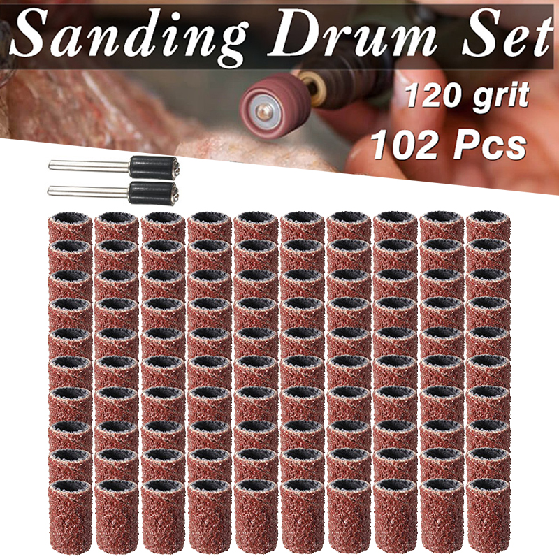 102Pcs/Set 120 Grit Sanding Drum Polishing Sandpaper Circle Kit With 1/4 Inch Sanding Mandrels Fit Nuclear Carving Rotary Tools