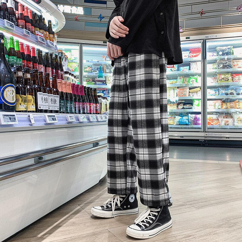 Korealaiset miesten ruudulliset housut vintage kiristysnyörilliset collegehousut leveät suorat housut miesten katumuotia mustavalkoiset ruudulliset housut