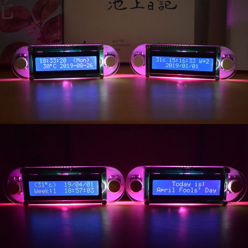 Colorful LCD Light DIY Candlelight Effect LCD1602 Vibration Clock Kit Reminders with Case