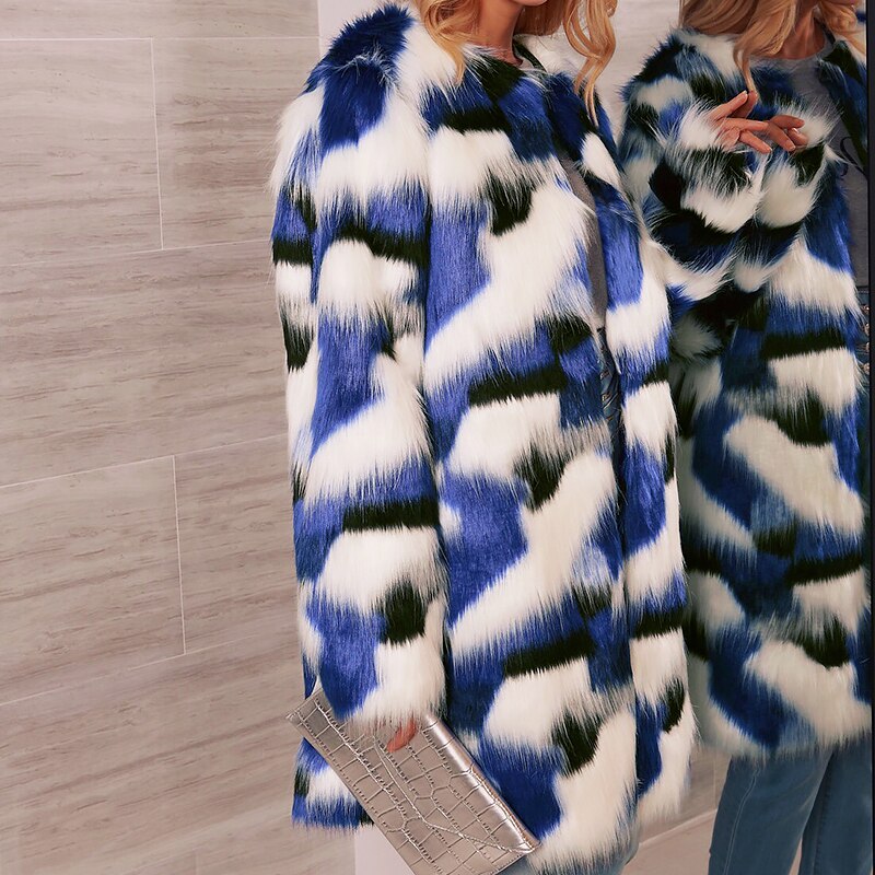 Vrouwen Lange Faux Fur Jassen Herfst Winter Mode Gemengde Kleur Print Bovenkleding Lange Mouwen Fluffy Warm Parka streetwear