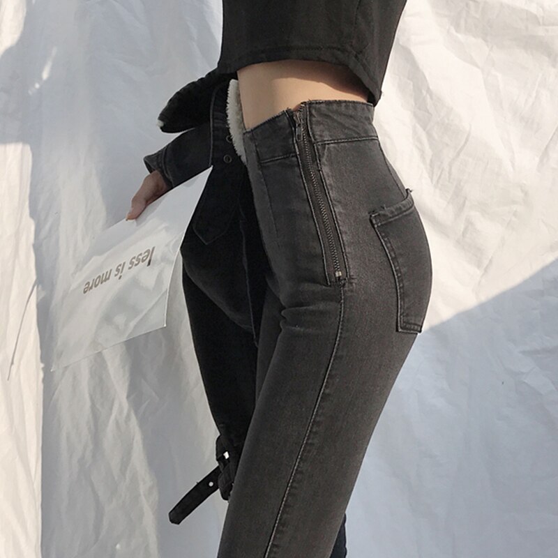 Pantalones vaqueros ajustados de cintura alta con cremallera lateral para mujer, vaqueros negros sencillos, informal,