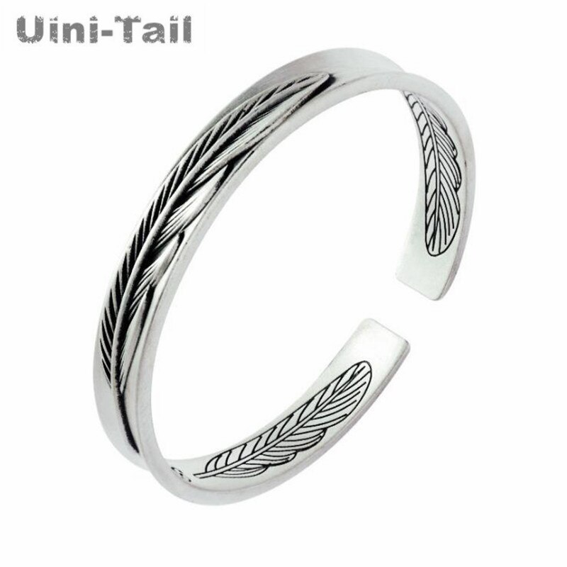 Uini-Tail authentic 925 Tibetan silver retro feather bracelet personality simple couple models open bracelet