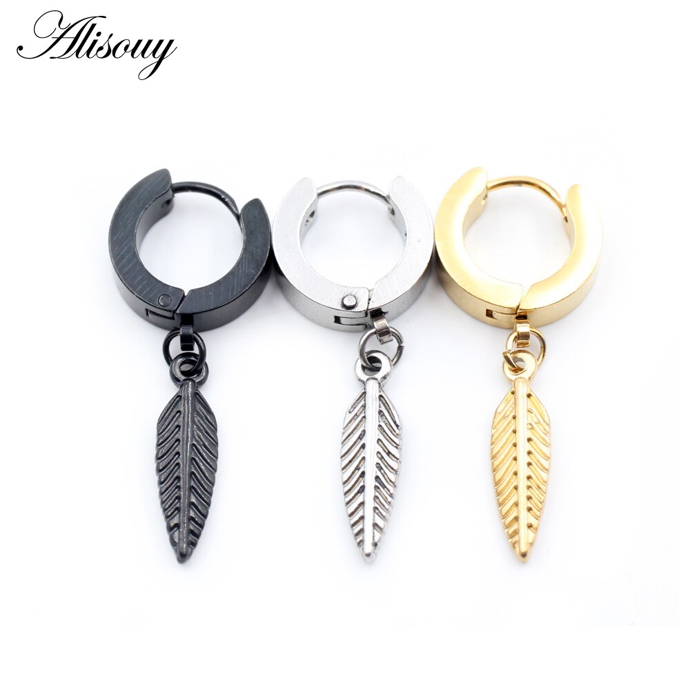 Alisouy 2 Stuks Punk Rvs Stud Huggie Oorringen Voor Vrouwen Mannen Leaf Feather Dangle Oorbellen Hiphop Goth Oor oorbellen