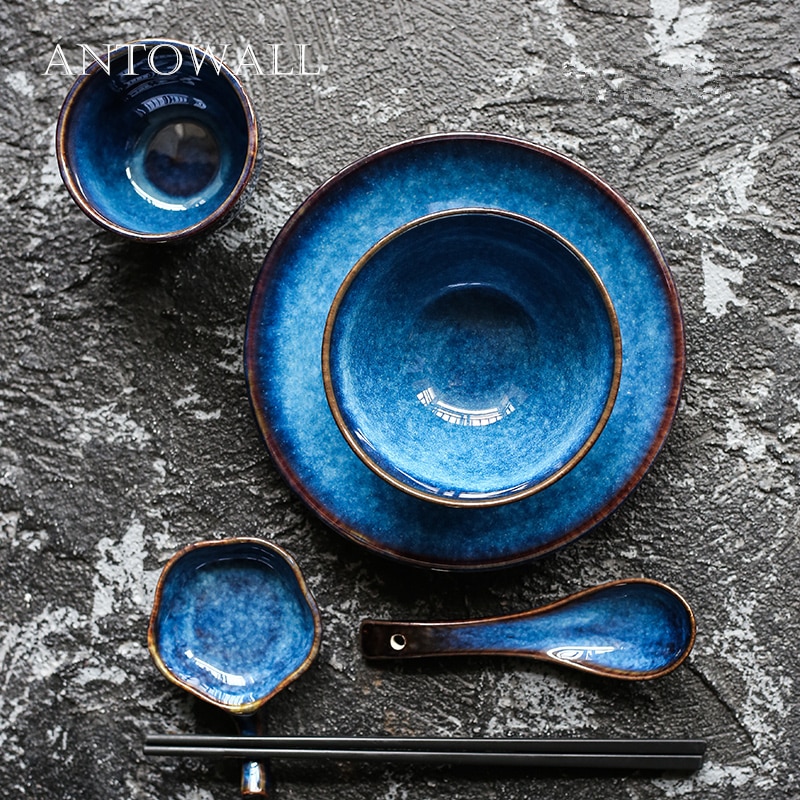 Antowall 5 stk / sæt europæisk stil blå keramisk bordservice tallerken risskål kop sauce fad 1 person middagsæt