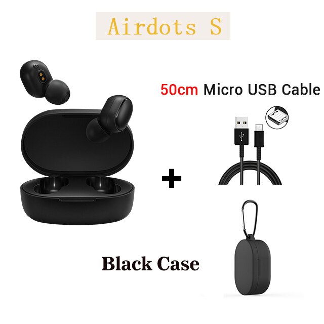 Original Xiaomi Redmi Airdots 2 TWS Noise reduction Bluetooth Earphone Stereo bass 5.0 With Mic Handsfree Earbuds AI Control: Add cable black case