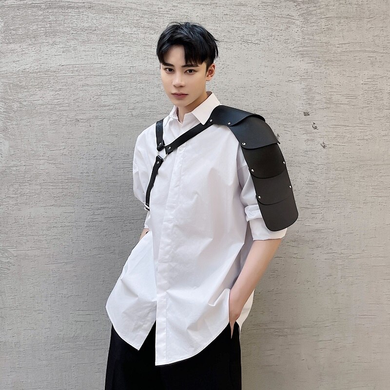 Printemps été Streetwear Japonais Hip Hop PU Bandage Noir Fonctionnel Vent À Manches Longues Chemise homme Ample Décontracté