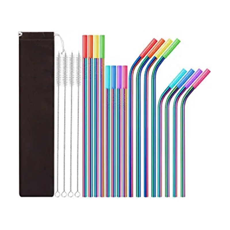16 Pack Rainbow Kleur Herbruikbare Metalen Rietjes Met Siliconen Tip Gekleurde Lange Rvs Rietjes