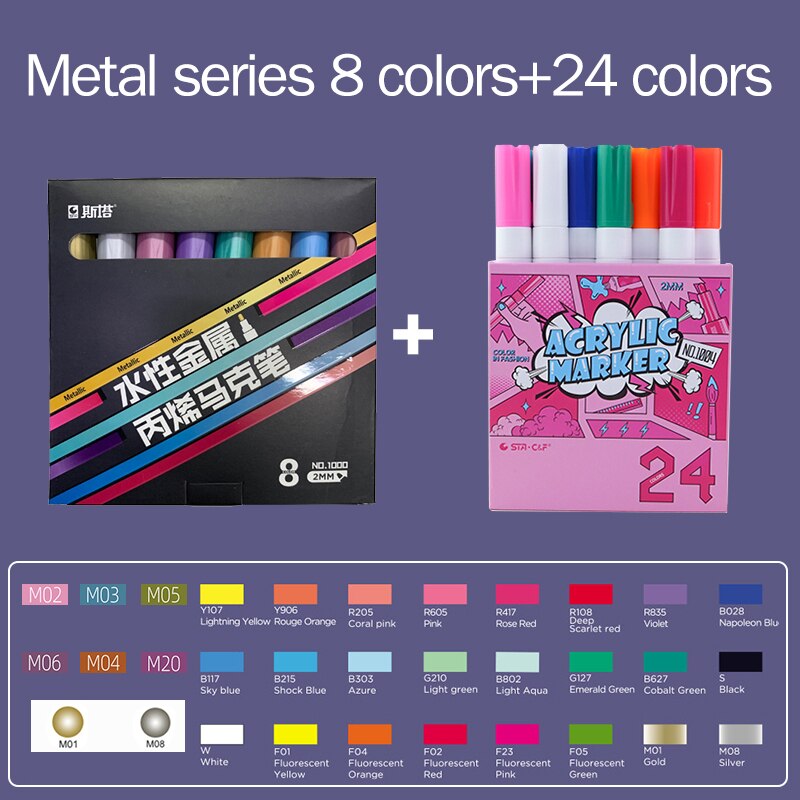 STA 1004 DIY Acrylic Markers Pen Set Drawing Poster Journal Scrapbook Painting Graffiti Pens For School Student Art Supplies: 8Met-24 color-1004