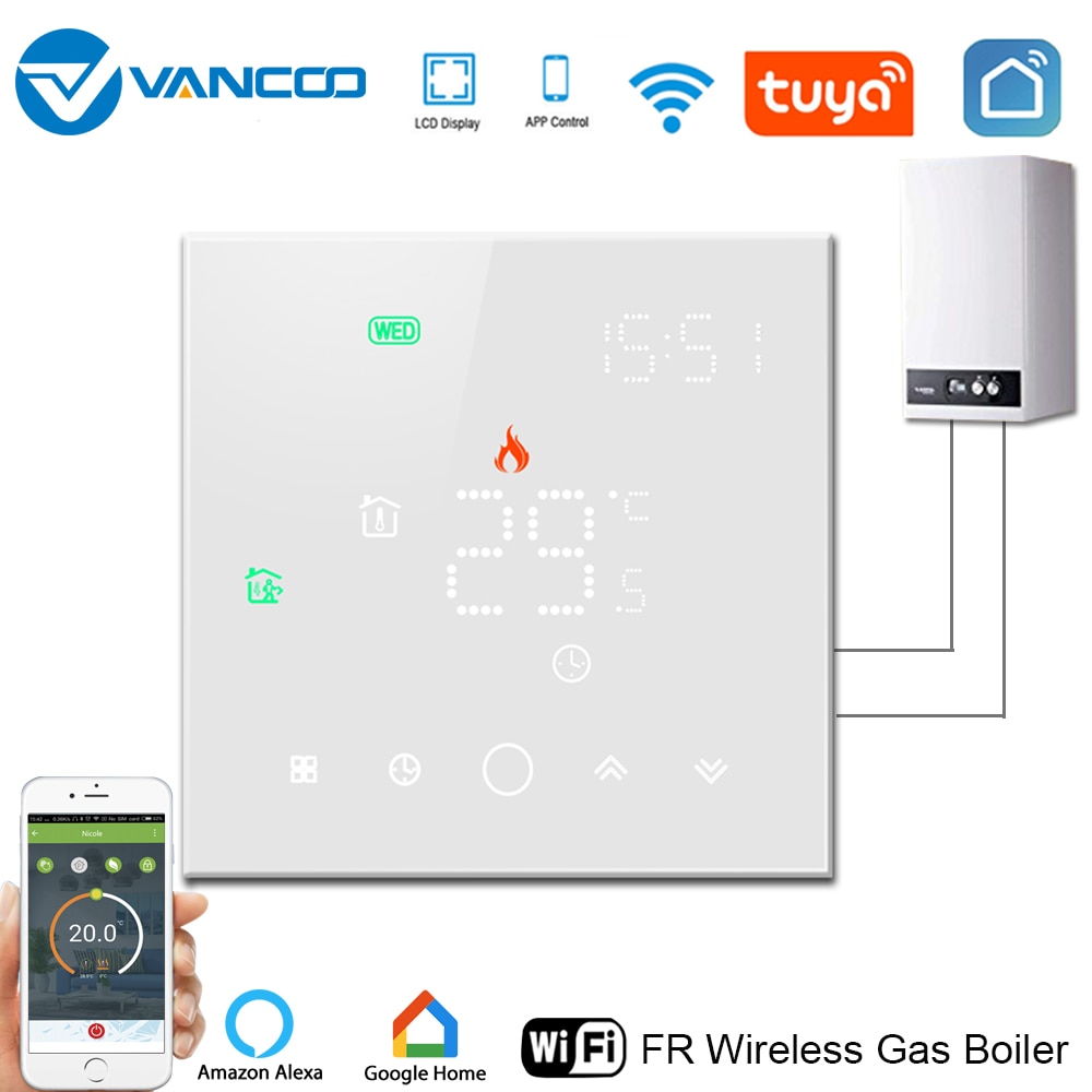 voor Tuya Smart Thermostaat Verwarming, Programmeerbare Kamerthermostaat Wifi Slimme Wandthermostaat met Ontvanger voor Controle Boiler en Warm Water, APP Controle, Kinderslot (zwart