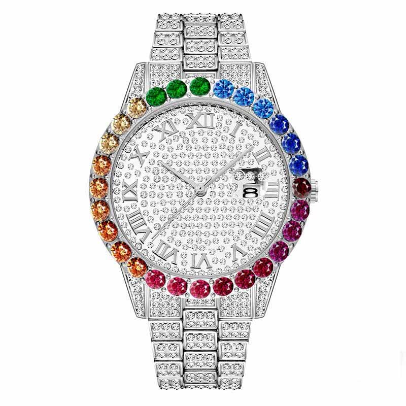 Reloj de oro arcoíris diamante para hombre, de lujo, oro de 18K, hecho a mano, de cuarzo y cristal de hielo: C1