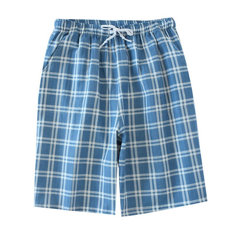 Herre bomuldsgazebukser plaid strikkede sovebukser herre pyjamas bukser nattøj pyjamas korte mænd pijamas hombre: Blå kort / L