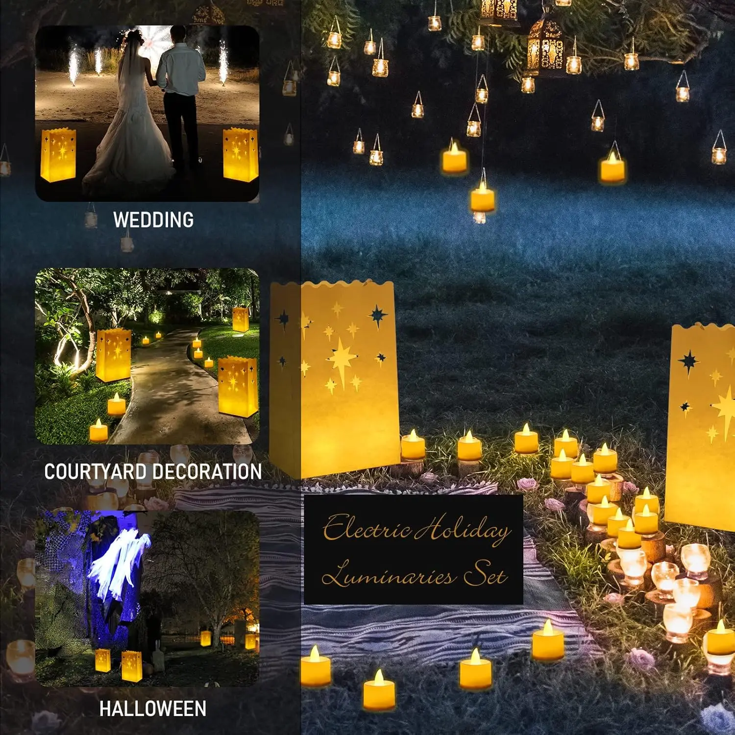 12-48 sæt lysende papirposer med led-lys flammehæmmende lyspose til bryllup, brudefødselsdagsfest, stidekoration