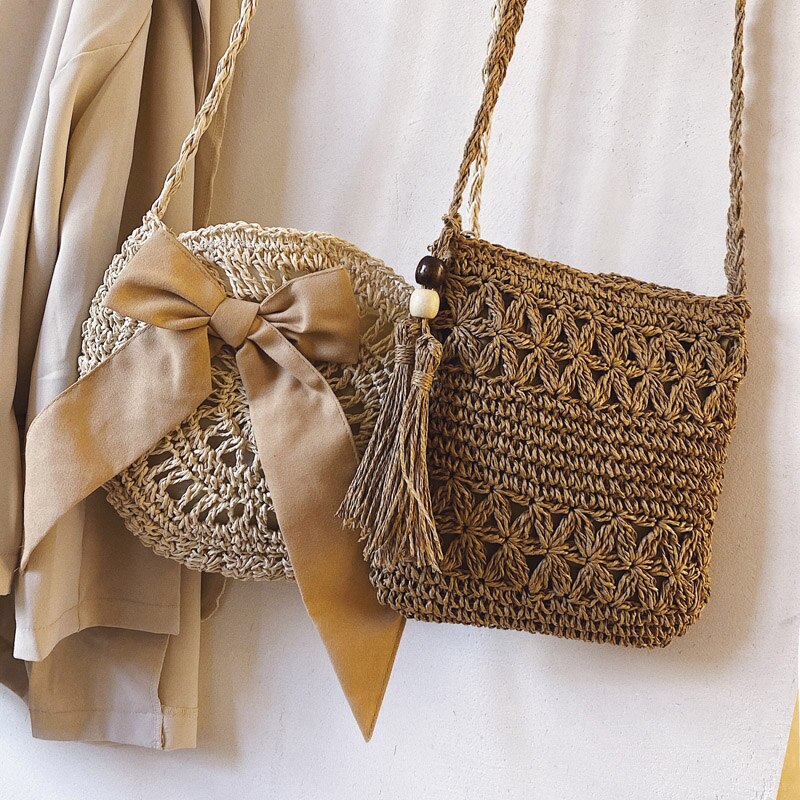 Bogen Runde crossbody-tasche Sommer Neue Weben frauen Handtasche Hohl Schulter Crossbody-tasche Stroh Strand tasche